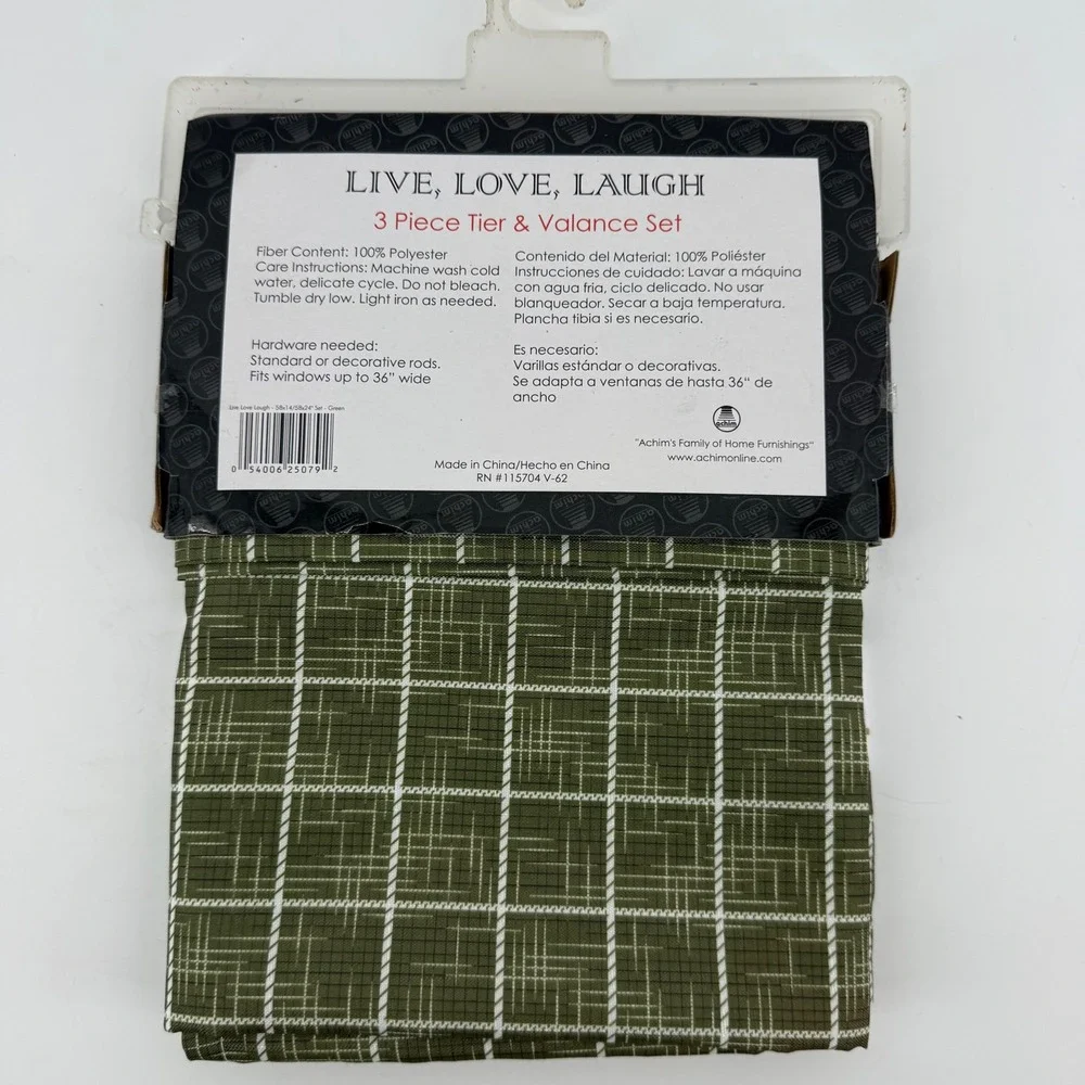 Achim Live Love Laugh 3 Piece Kitchen Curtain Tier & Valance Set Green Plaid 24